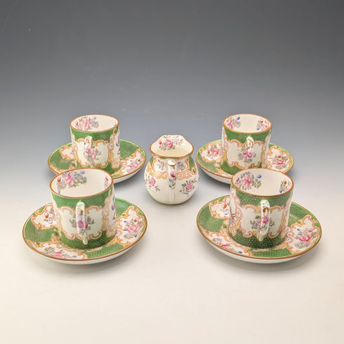 Early 20th Century Minton (England) Cockatoo Green Demitasse Cups & Saucers, 4-piece Set & Cream Jug